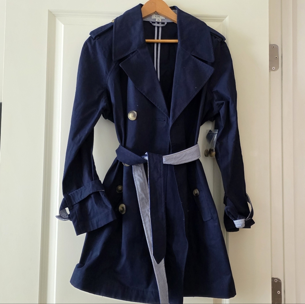 Preppy Coastal Trenchcoat Cotton Wmns S Crown&Ivy Ruffle Back Nwt Navy Academia